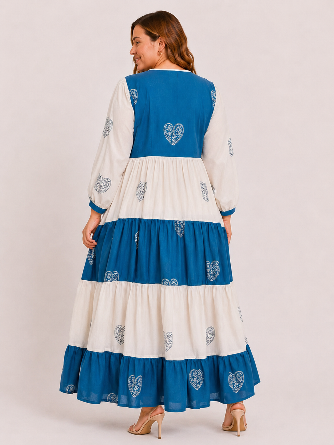 Blue & Cream Cotton Long Dress with Hand Block Heart Motif & Tiered Everyday Elegance | Yusra
