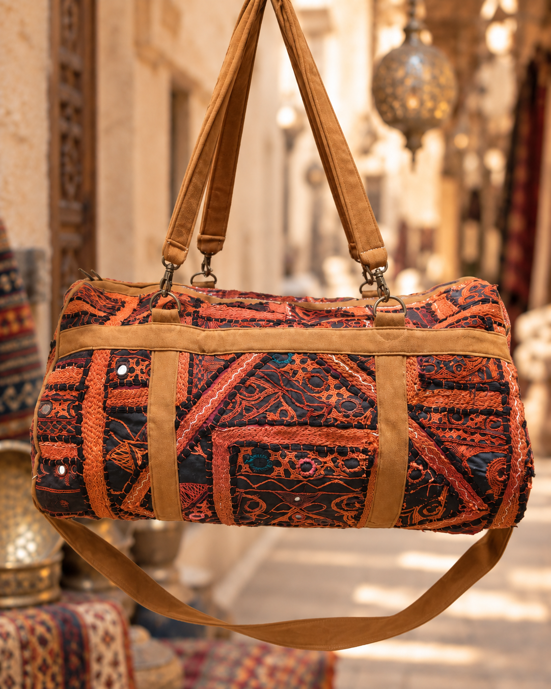 Handmade Embroidered Orange & Black Handmade Duffle Bag with Mirror Detailing | Siena