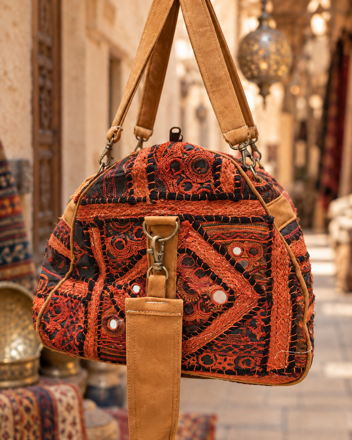 Handmade Embroidered Orange & Black Handmade Duffle Bag with Mirror Detailing | Siena