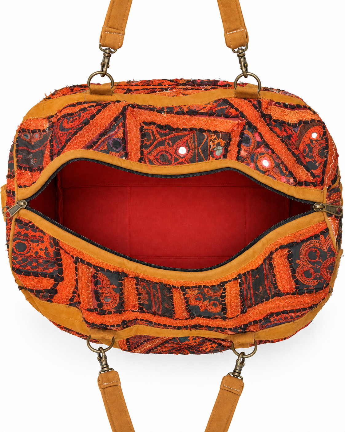 Handmade Embroidered Orange & Black Handmade Duffle Bag with Mirror Detailing | Siena