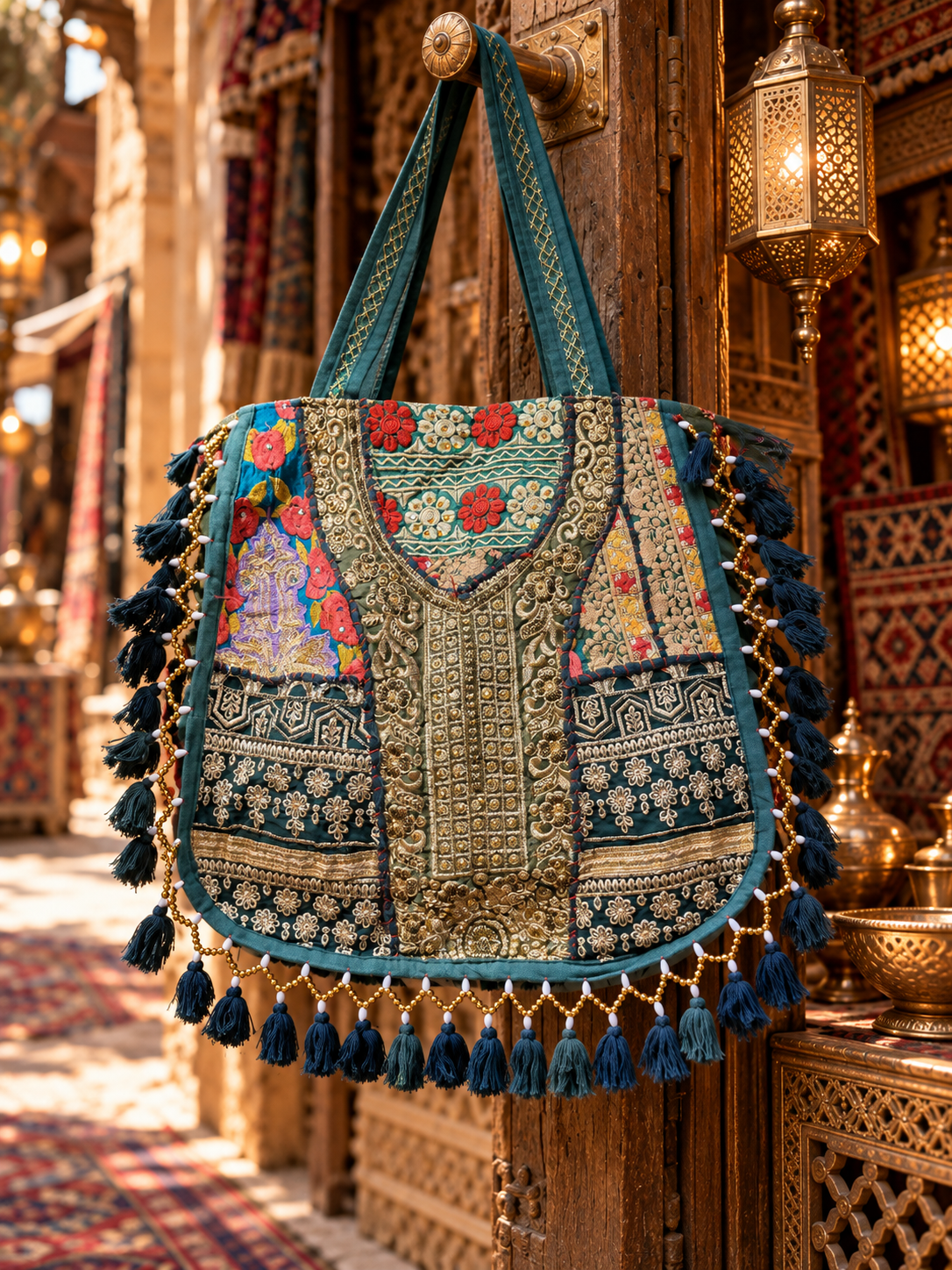 Handmade Embroidered Green & Gold Bohemian Tote Bag with Tassels & Beaded Detailing | Amelie