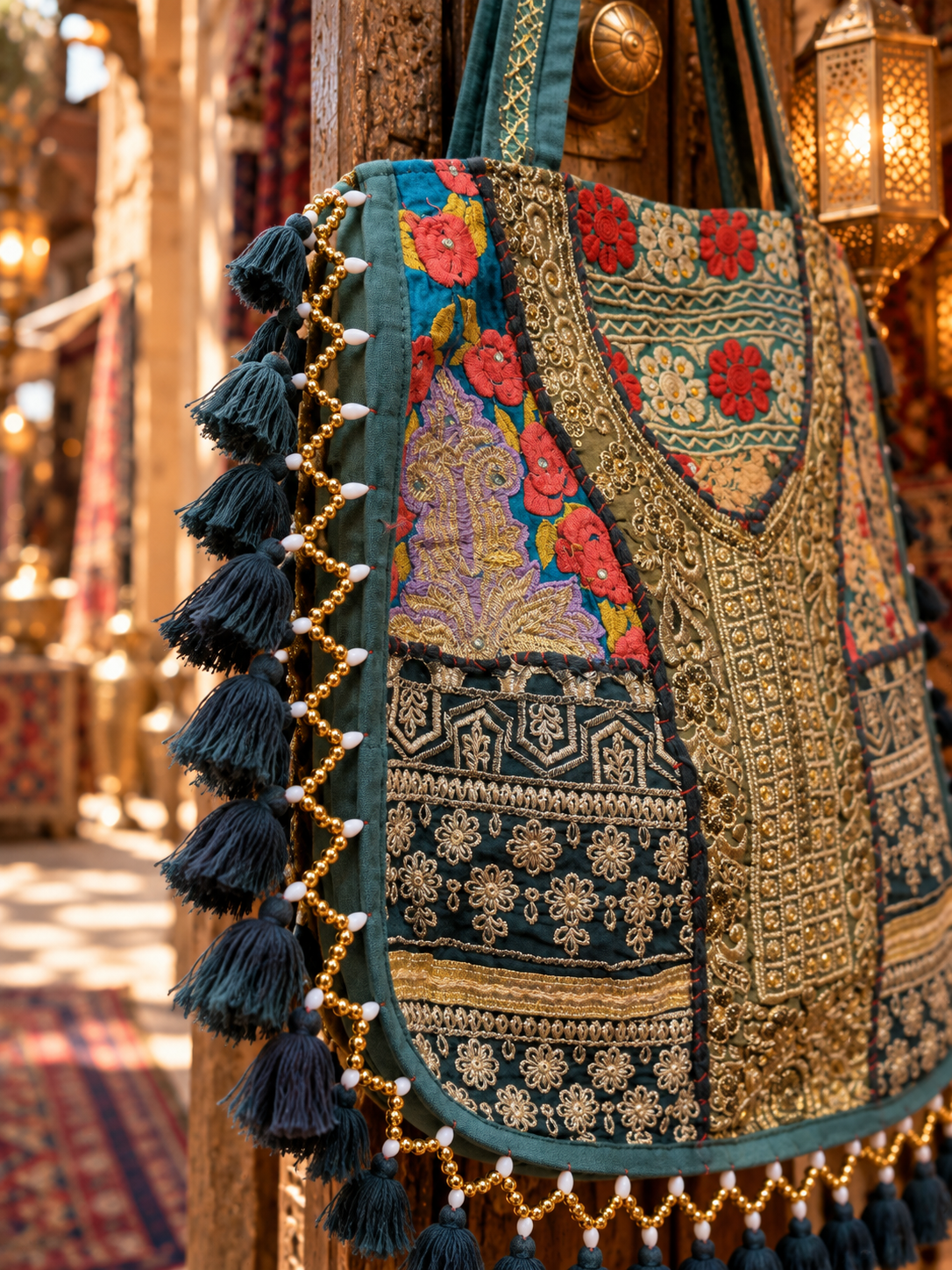 Handmade Embroidered Green & Gold Bohemian Tote Bag with Tassels & Beaded Detailing | Amelie