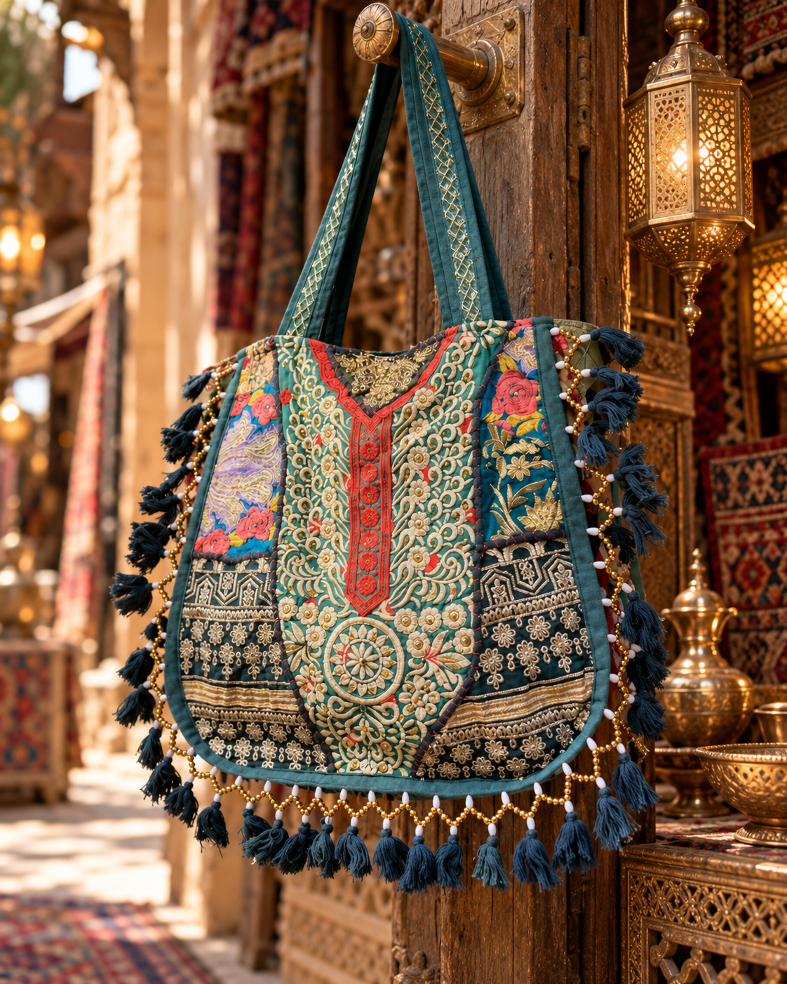 Handmade Embroidered Green & Gold Bohemian Tote Bag with Tassels & Beaded Detailing | Amelie