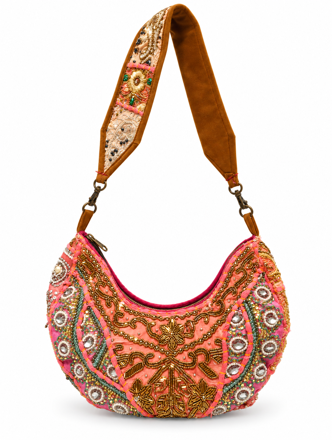 Handmade Pink Beaded Embroidered Hobo Bag | Estelle