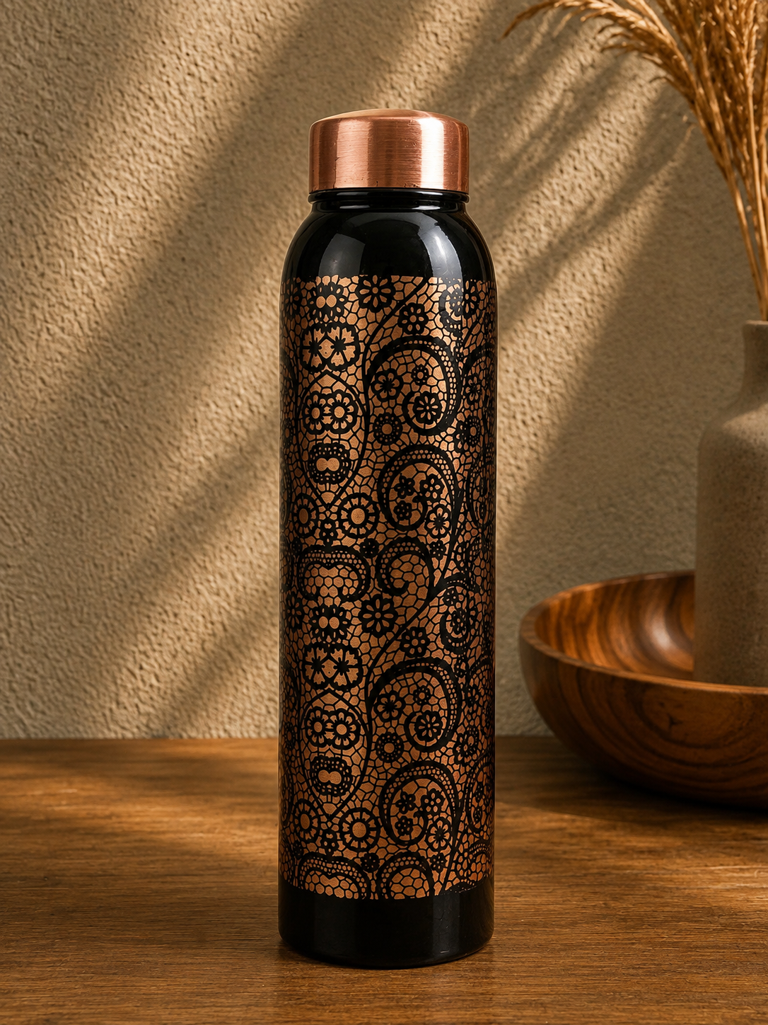 Pure Copper Water Bottle with Intricate Floral Mosaic Pattern – Laila
