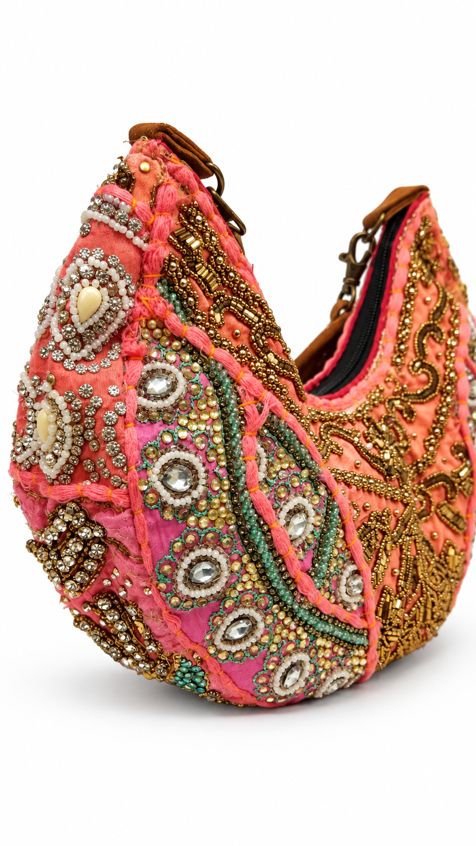 Handmade Pink Beaded Embroidered Hobo Bag | Estelle