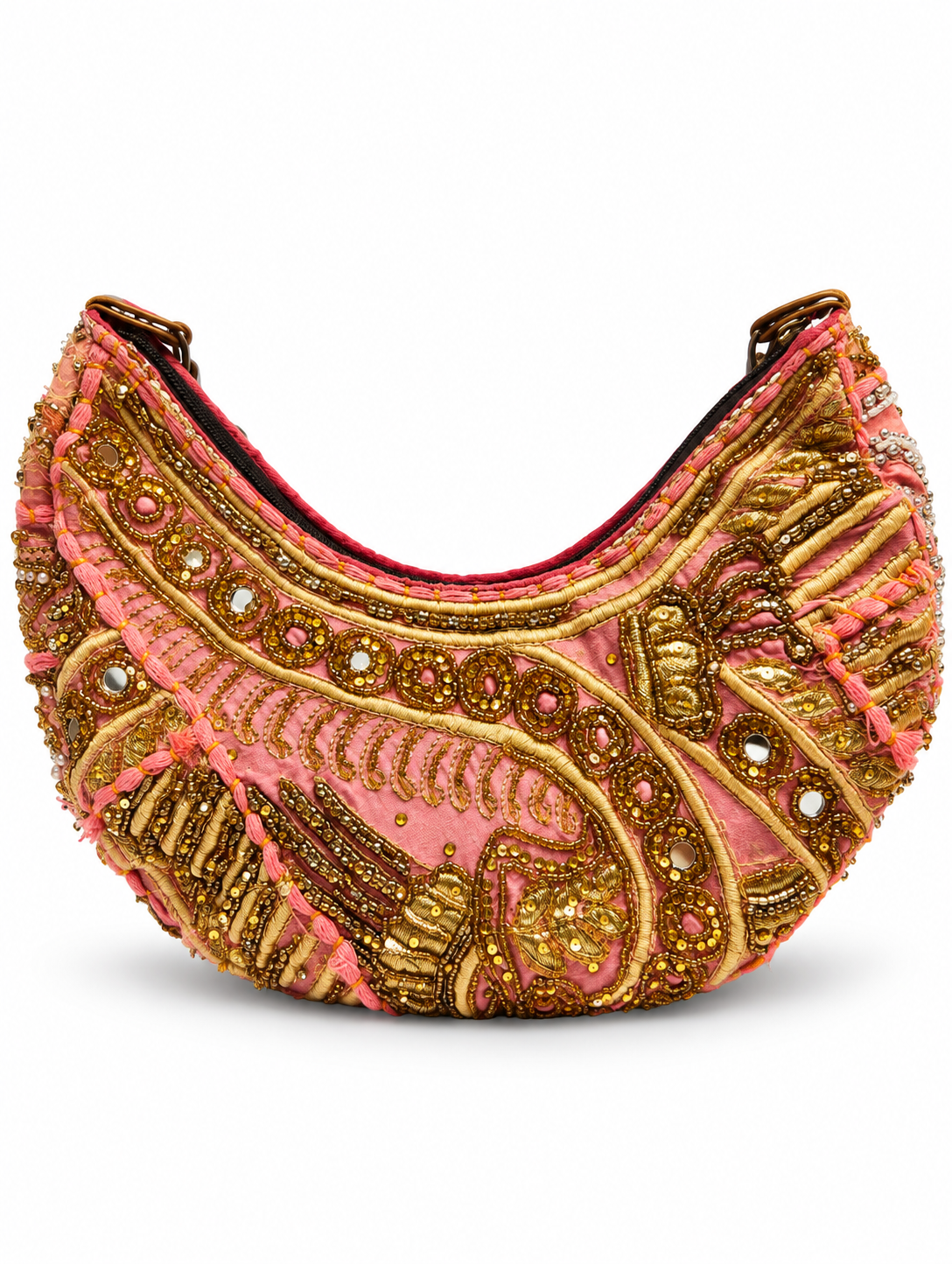 Handmade Pink Beaded Embroidered Hobo Bag | Estelle