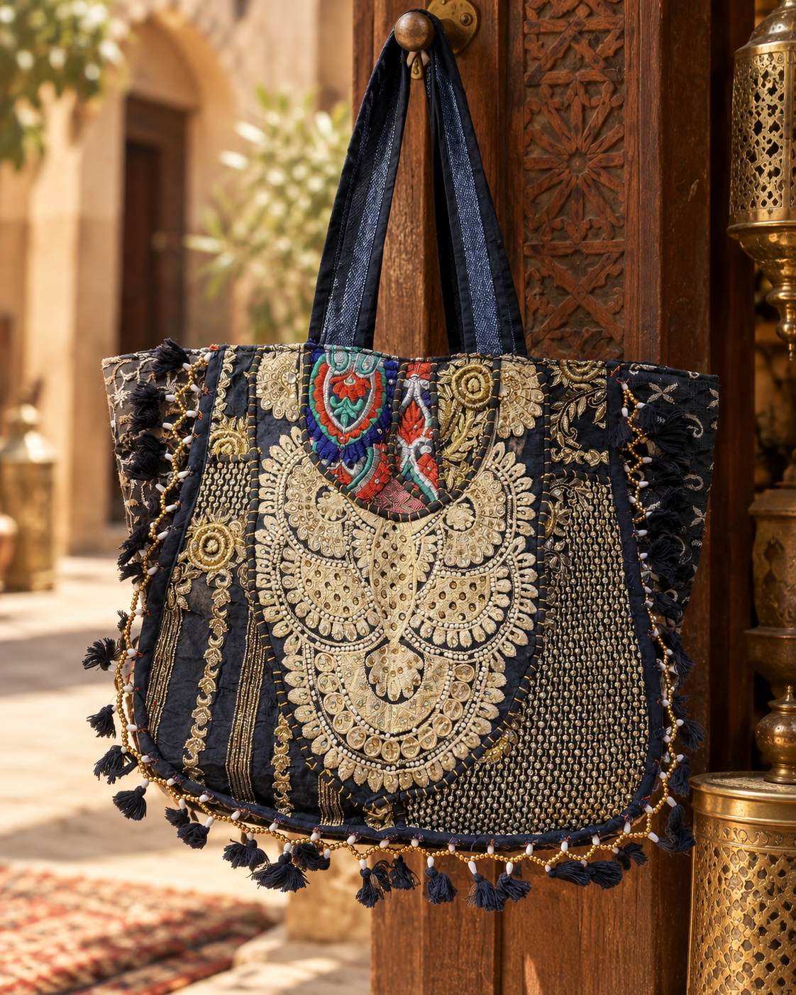 Handmade Embroidered Black & Gold Bohemian Tote Bag with Tassel & Beaded Detailing | Celeste