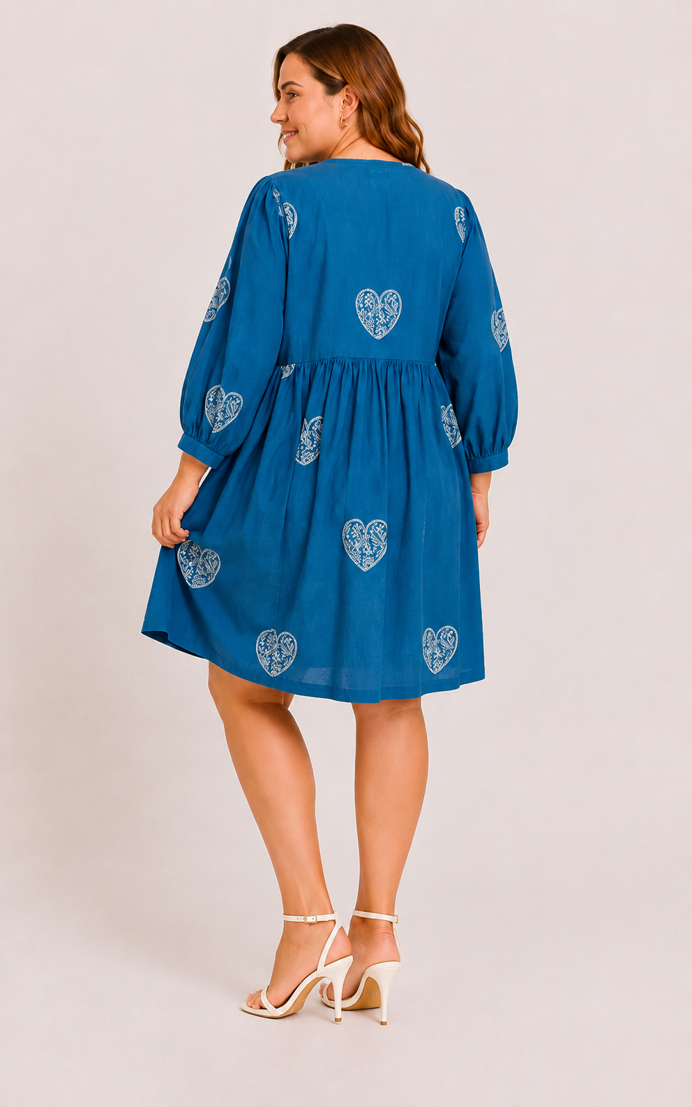 Teal Cotton Short Dress with Hand Block White Heart Motif & Relaxed Everyday Elegance | Azmira