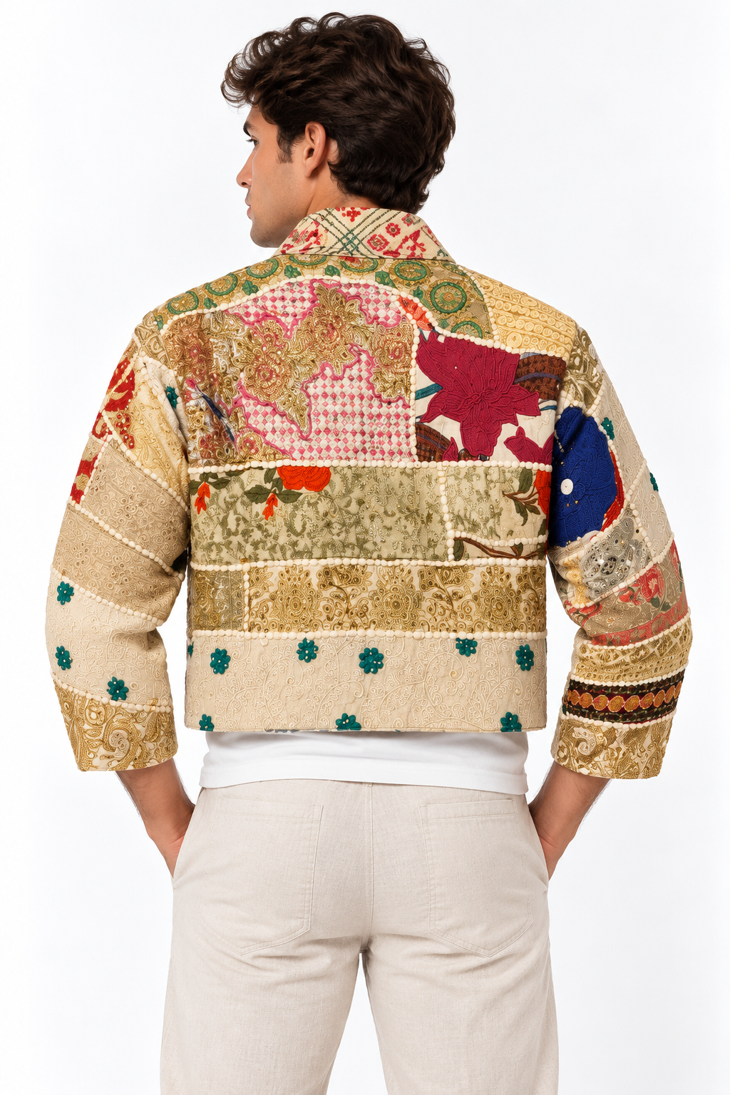 Handmade Cream Patchwork Embroidered Jacket with Multicoloured Detailing | Zaina