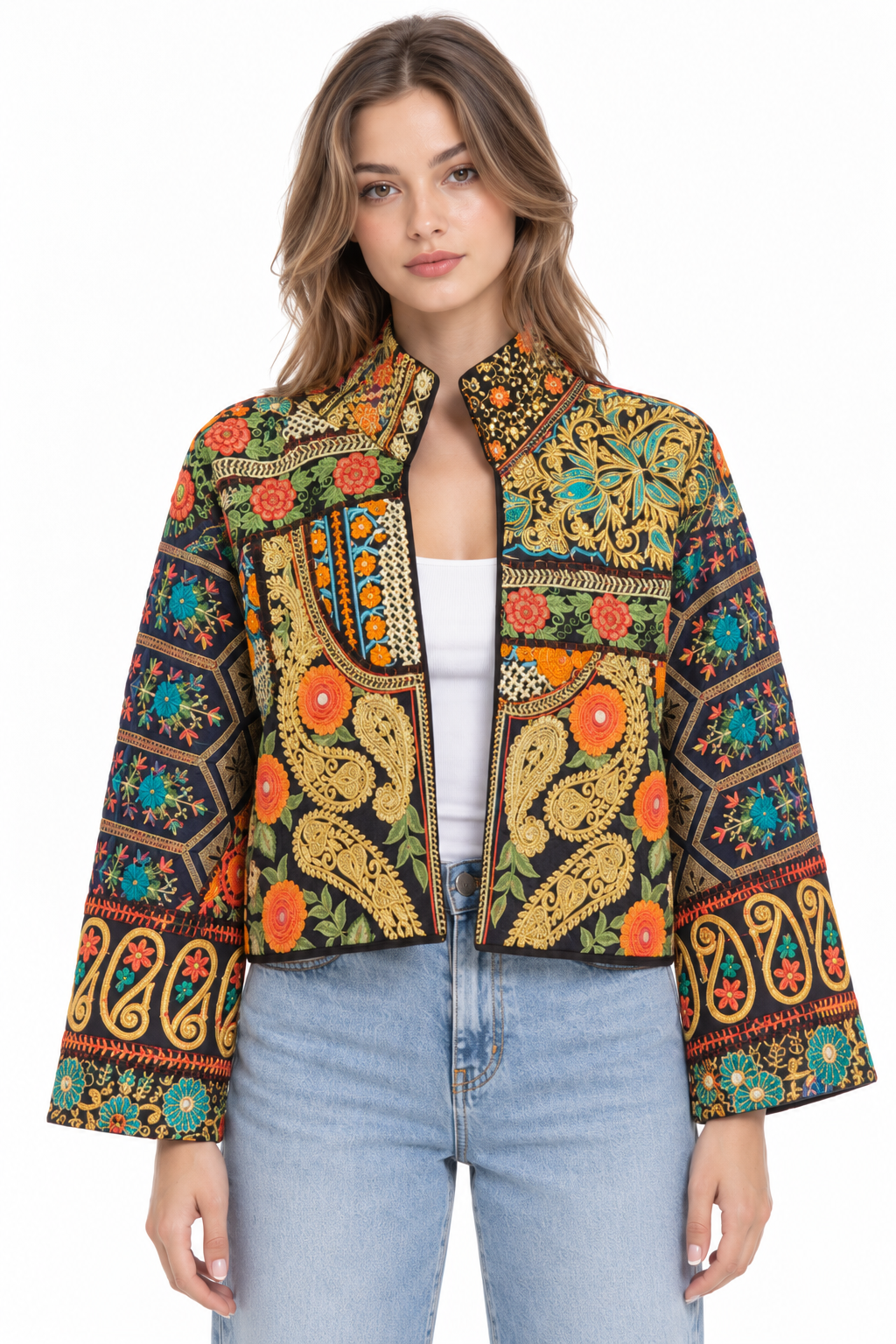 Handmade Black Embroidered Jacket with Gold Paisley & Floral Detailing | Samira