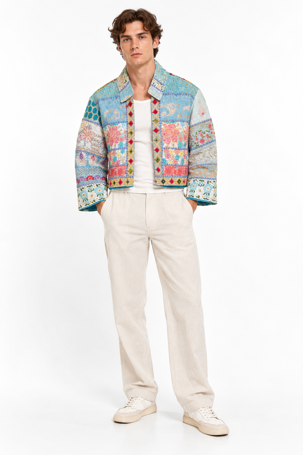 Handmade Blue Patchwork Embroidered Jacket with Floral & Geometric Detailing | Elise