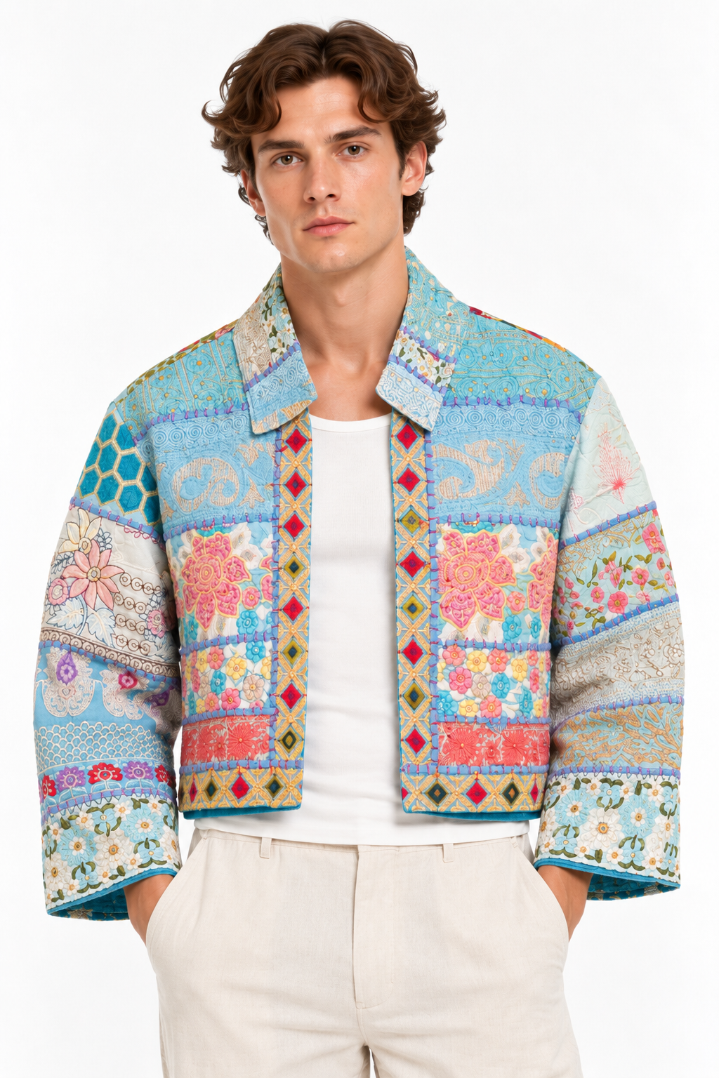 Handmade Blue Patchwork Embroidered Jacket with Floral & Geometric Detailing | Elise