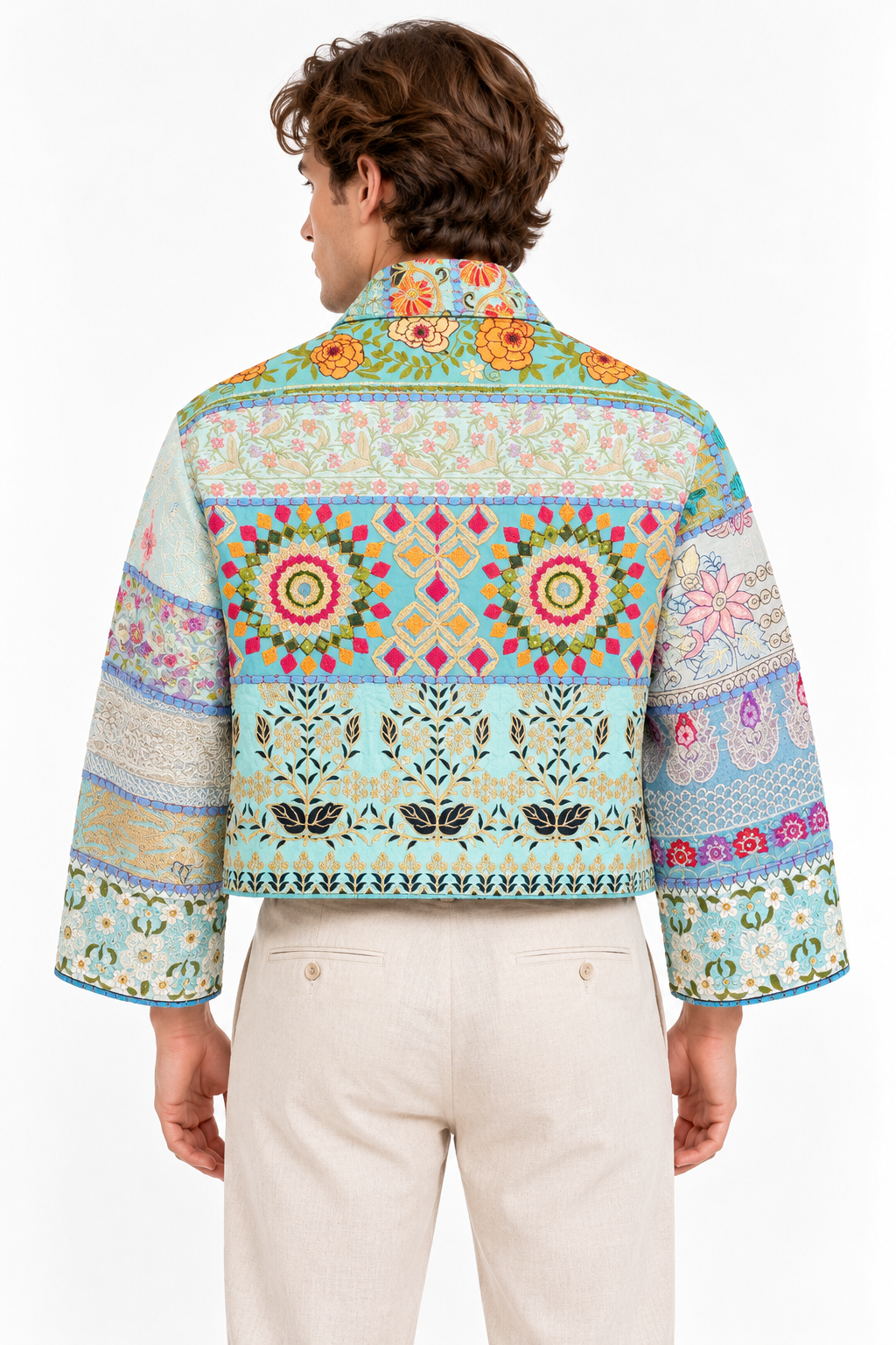 Handmade Blue Patchwork Embroidered Jacket with Floral & Geometric Detailing | Elise
