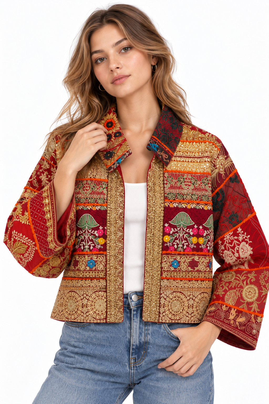 Handmade Burgundy Embroidered Jacket with Gold & Multicoloured Detailing | Clara