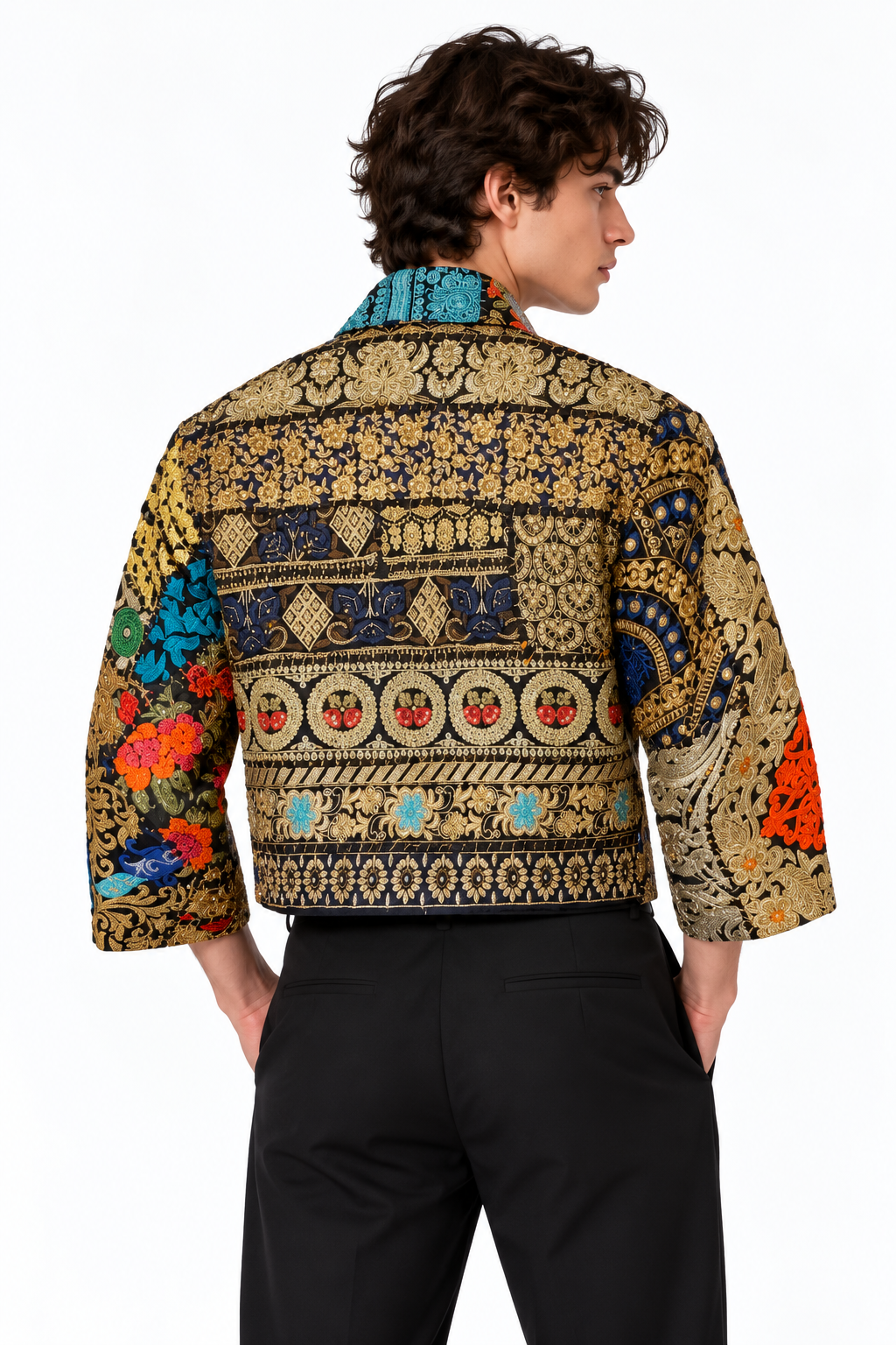 Handmade Black Embroidered Jacket with Gold Detailing & Colourful Floral Motifs | Julien