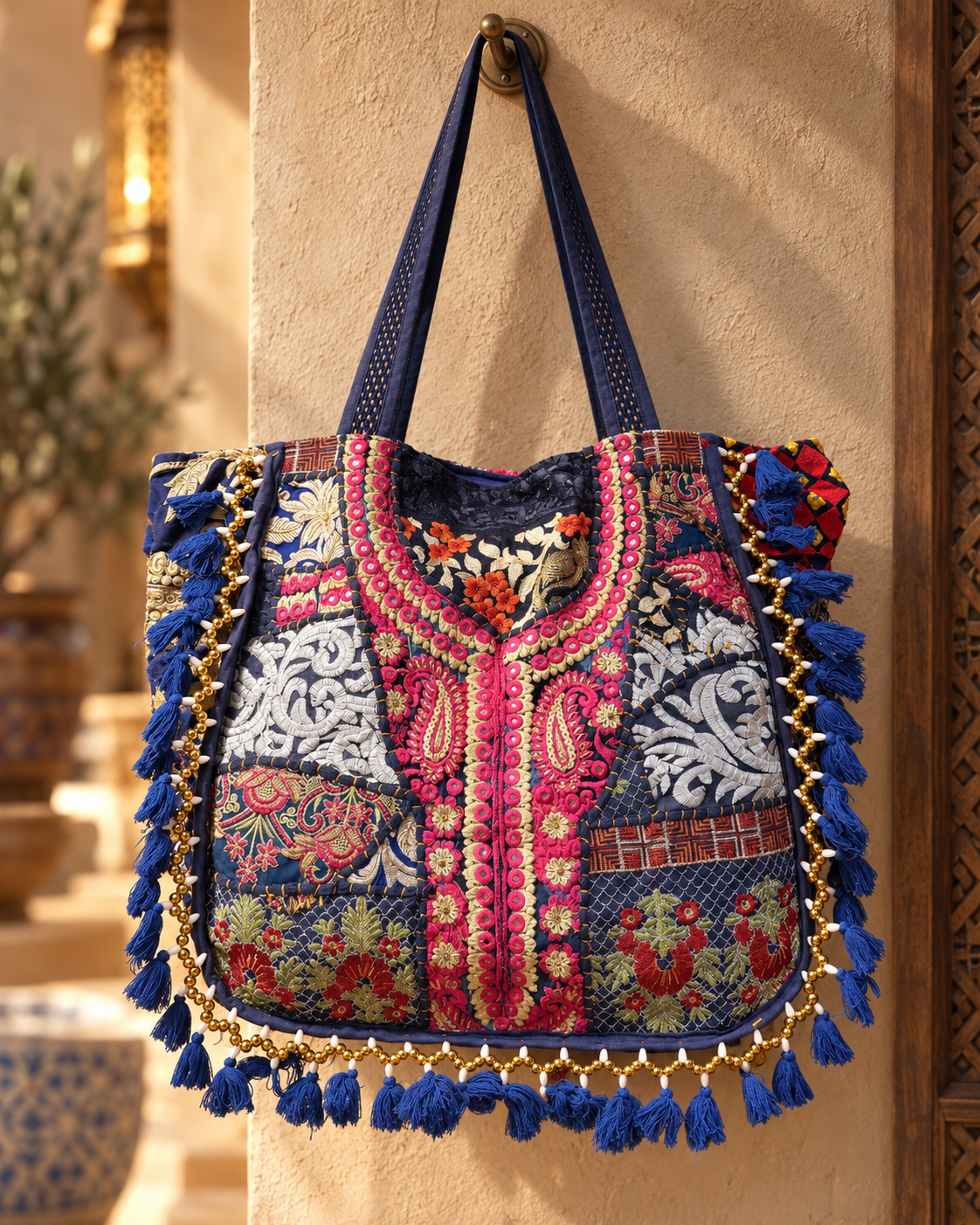 Handmade Embroidered Navy Blue Patchwork Tote Bag with Tassels & Beaded Detailing | Elara