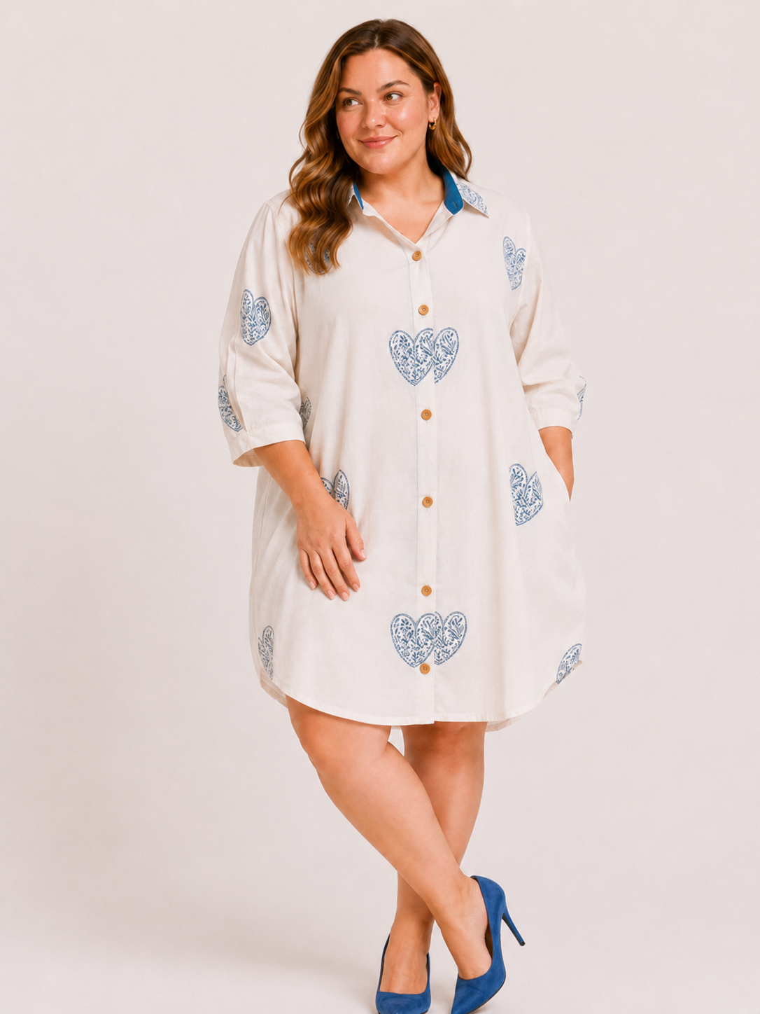Cream Cotton Drop Shoulder Shirt with Hand Block Blue Heart Motif & Relaxed Everyday Style | Dilara