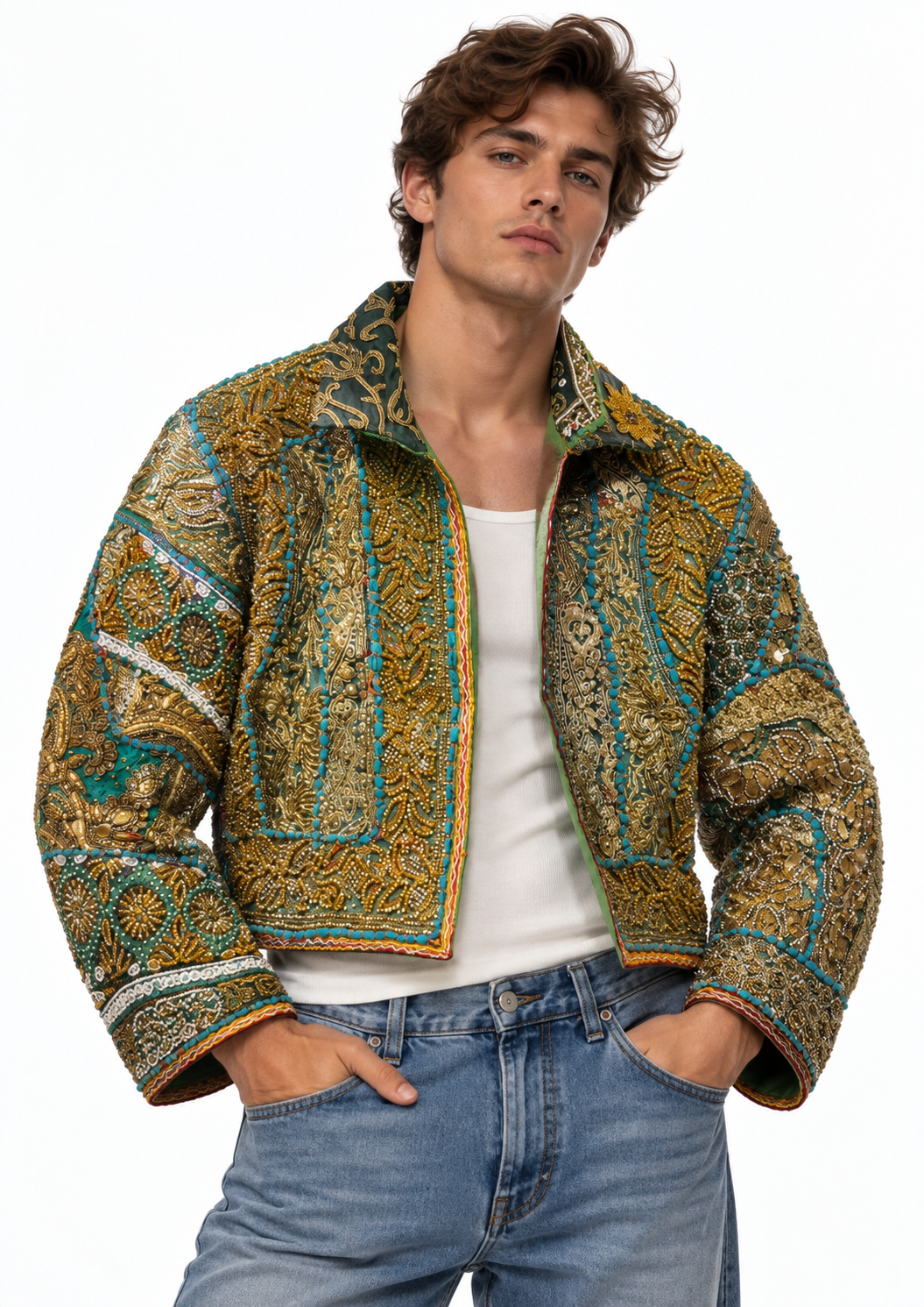Handmade Emerald Green Embroidered Jacket with Gold & Blue Beaded Detailing | Celeste