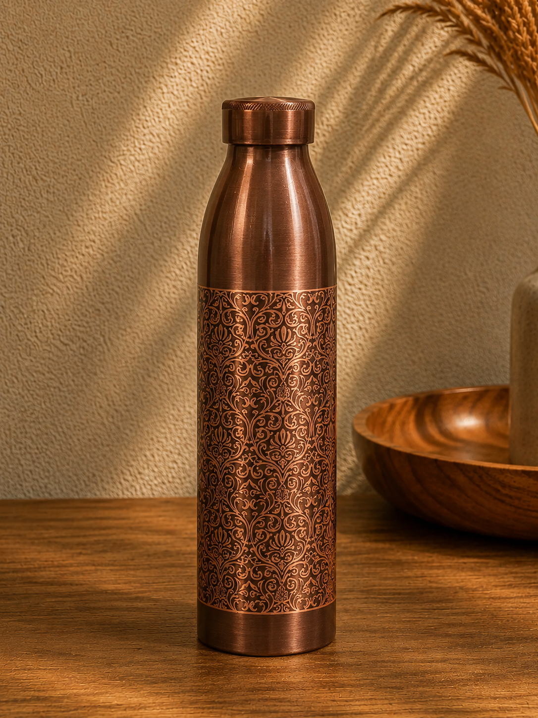 Pure Copper Water Bottle with Intricate Floral and Ornamental Engraved Pattern – Zahra