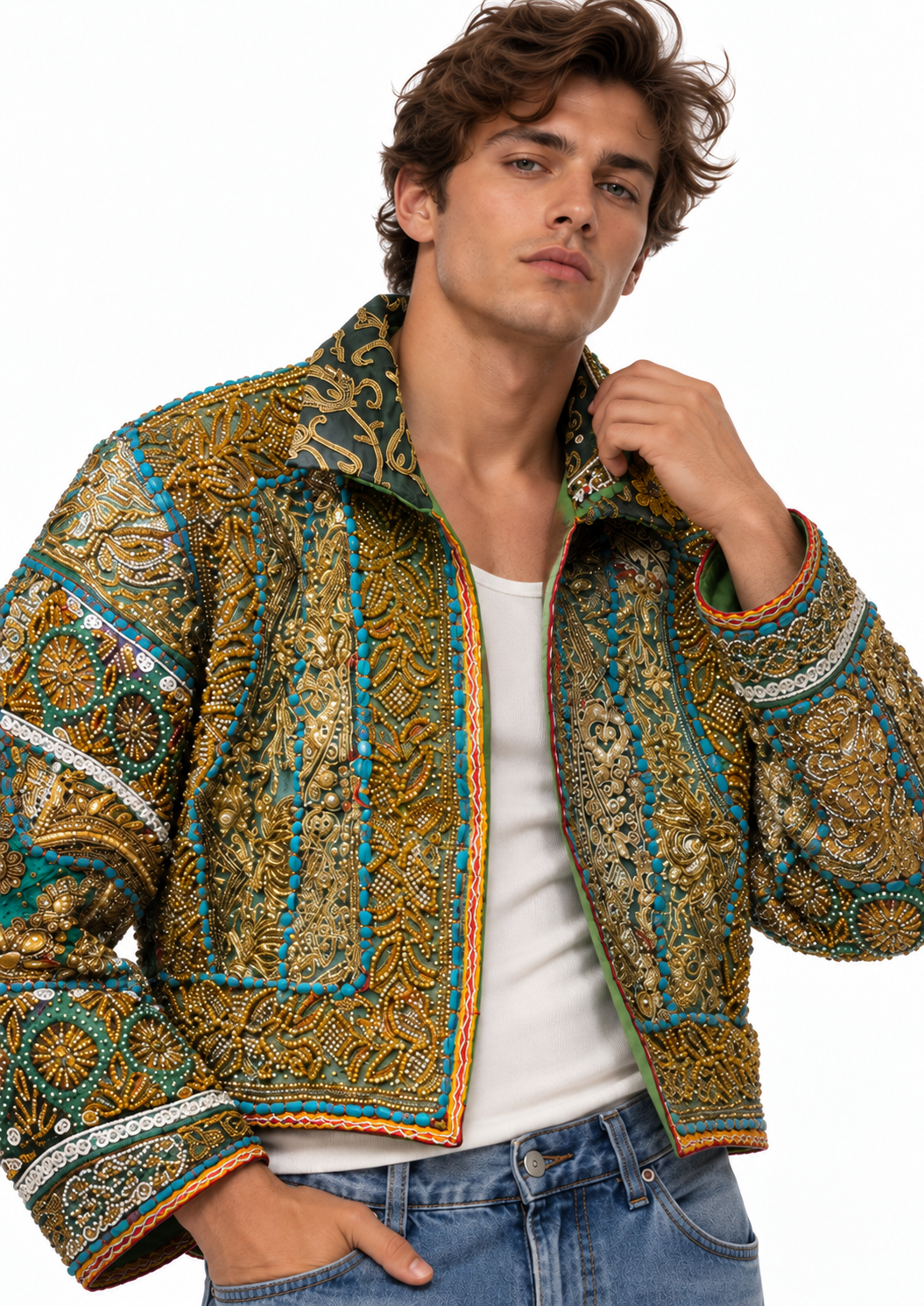 Handmade Emerald Green Embroidered Jacket with Gold & Blue Beaded Detailing | Celeste