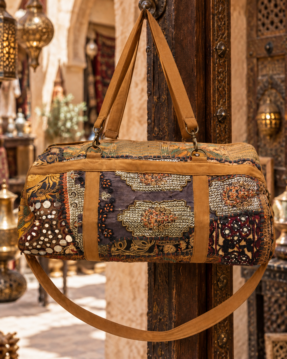 Handmade Embroidered Patchwork Duffle Bag with Mirror & Sequin Detailing | Sofia