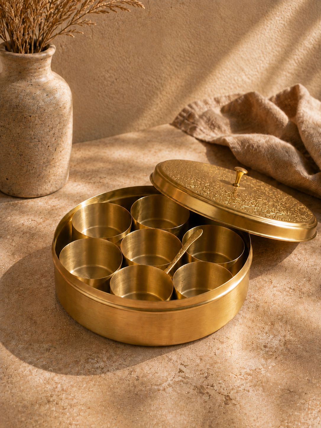 Brass Spice Box with 7 Compartments – Traditional Masala Storage Container