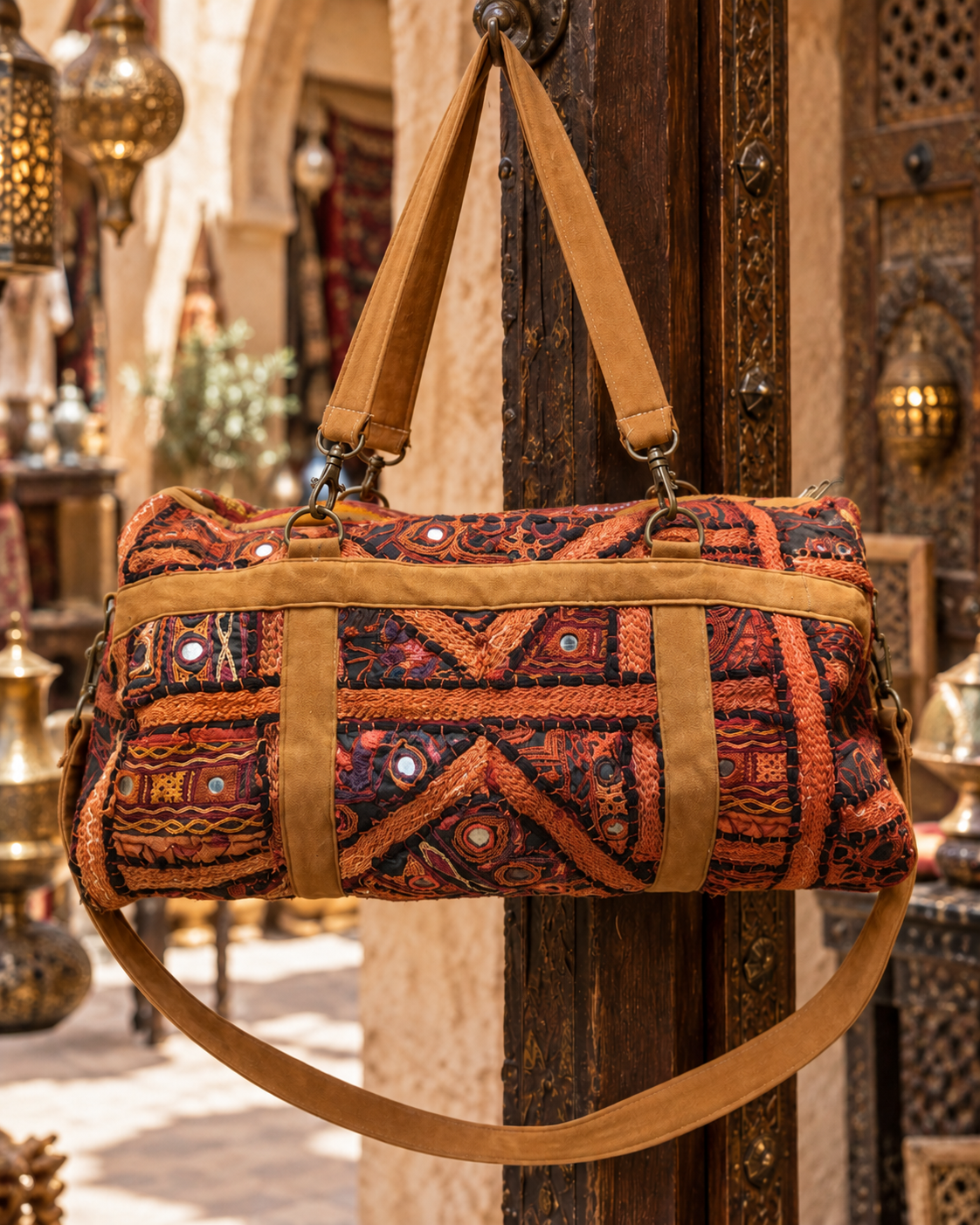 Handmade Embroidered Orange & Black Handmade Duffle Bag with Mirror Detailing | Siena