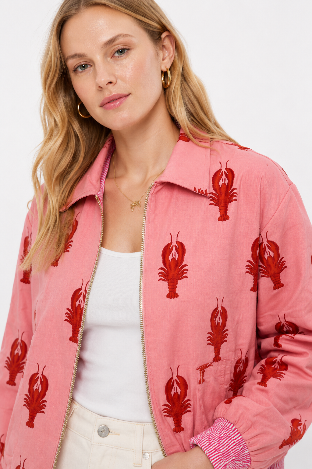 Pink Cotton Bomber Jacket with Lobster Motif & Playful Statement Design | Melite