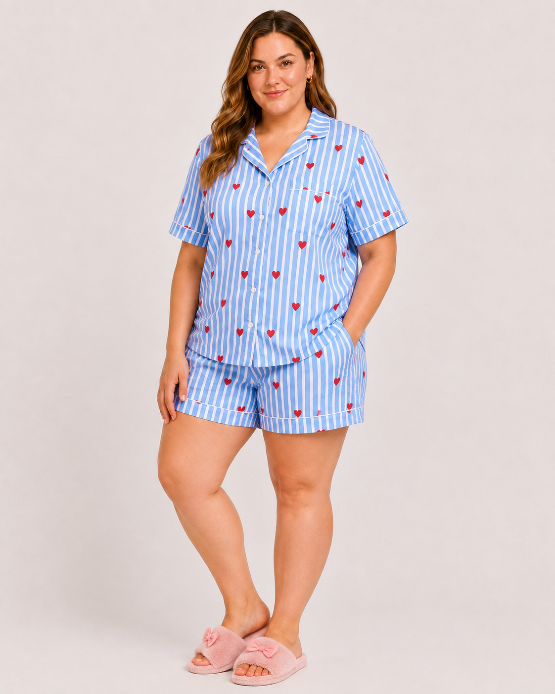Blue Cotton Night Suit Set with Heart Print, Striped Shirt & Shorts | Safiya