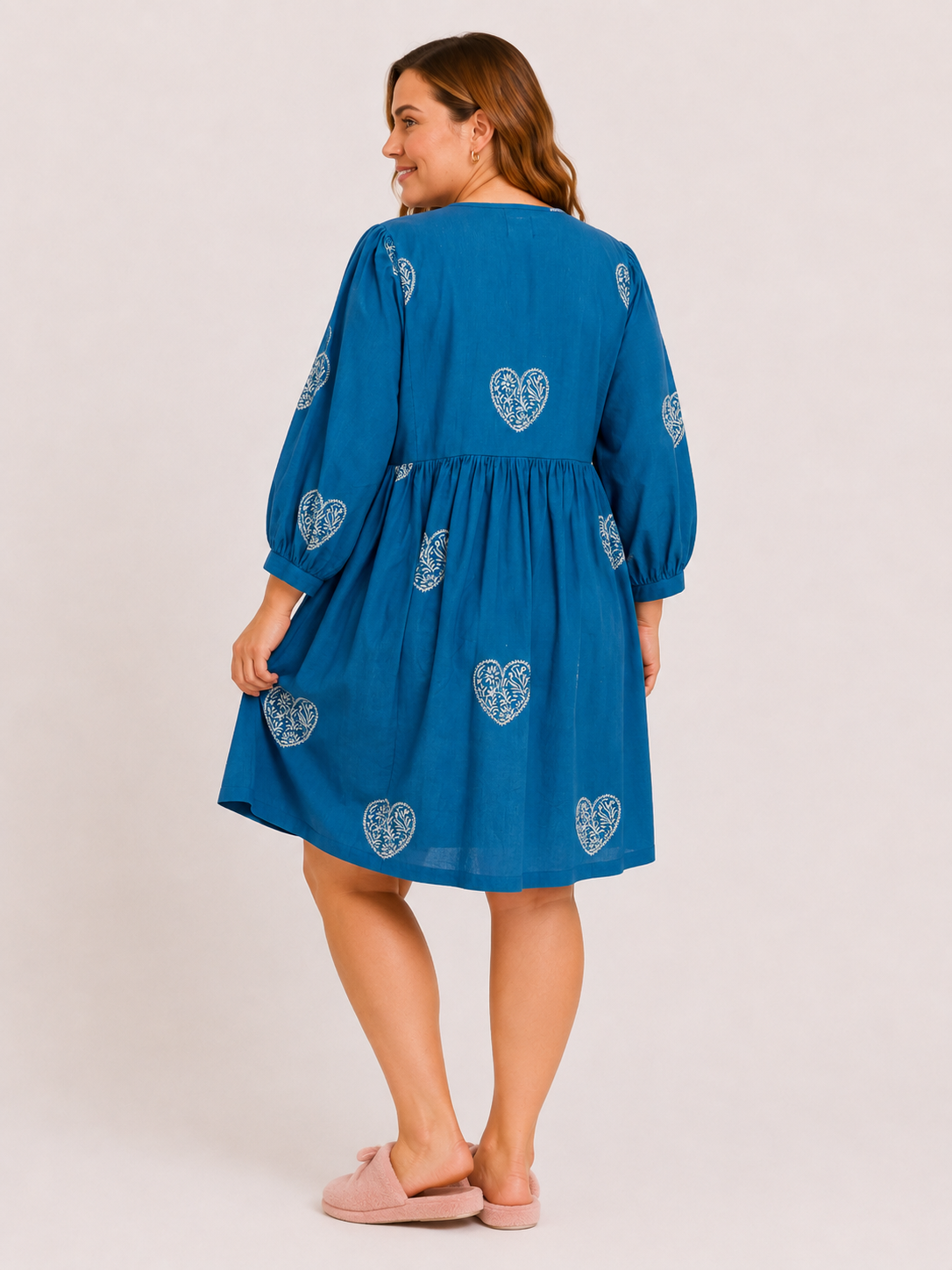 Teal Cotton Short Dress with Hand Block White Heart Motif & Relaxed Everyday Elegance | Azmira