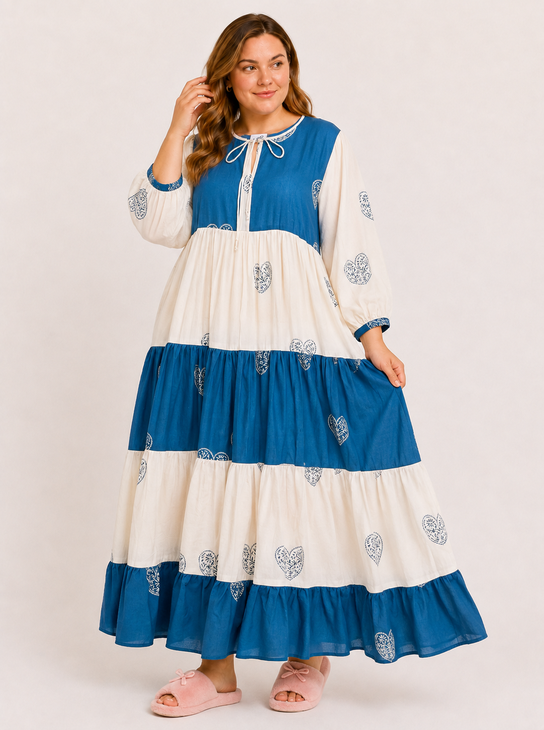 Blue & Cream Cotton Long Dress with Hand Block Heart Motif & Tiered Everyday Elegance | Yusra