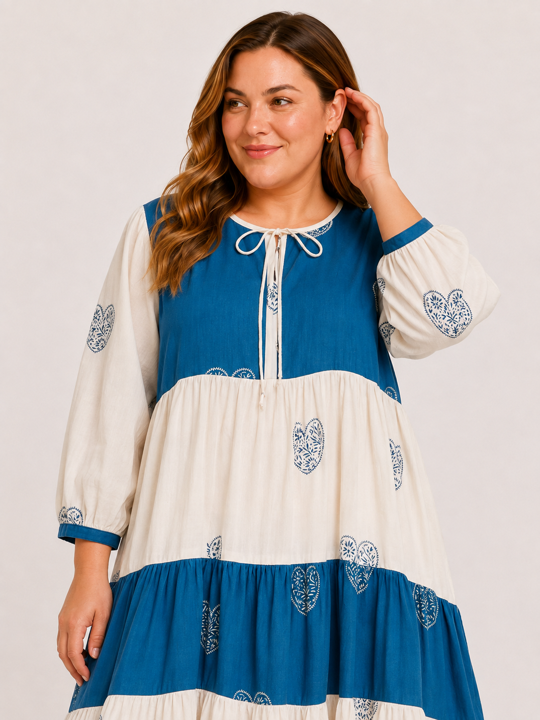 Blue & Cream Cotton Long Dress with Hand Block Heart Motif & Tiered Everyday Elegance | Yusra