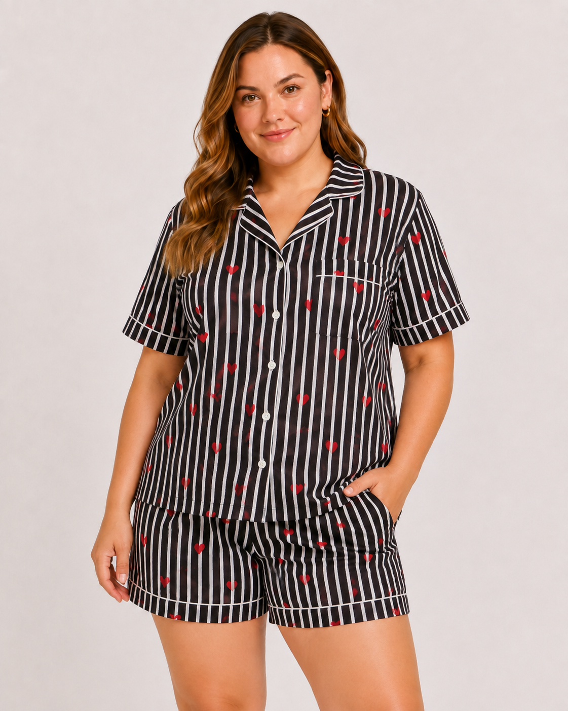 Black Cotton Night Suit Set with Heart Print, Striped Shirt & Shorts | Liyana