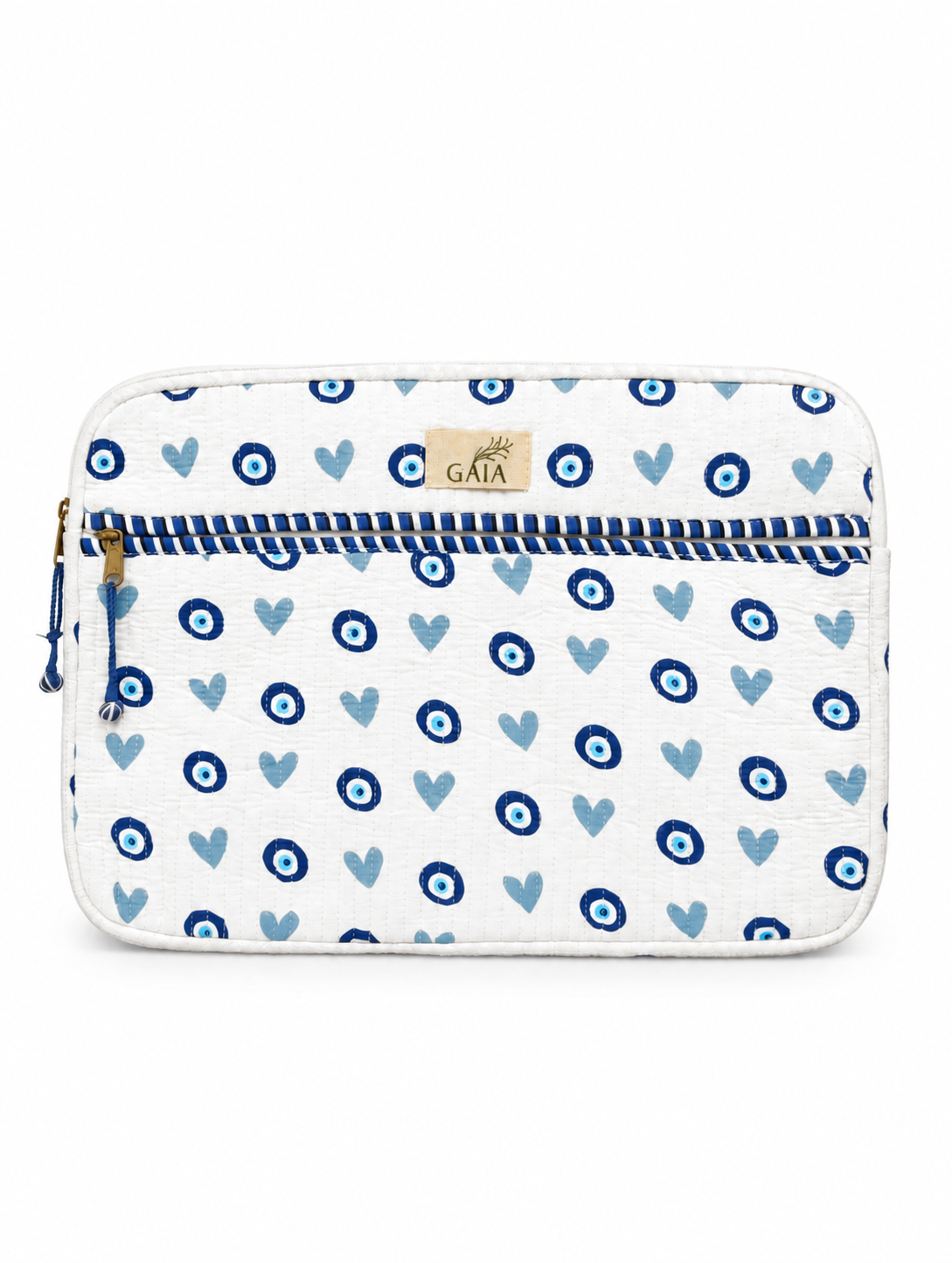 Blue & White Heart & Evil Eye Print Quilted Cotton Laptop Sleeve with Front Zip Pocket | Rivaz