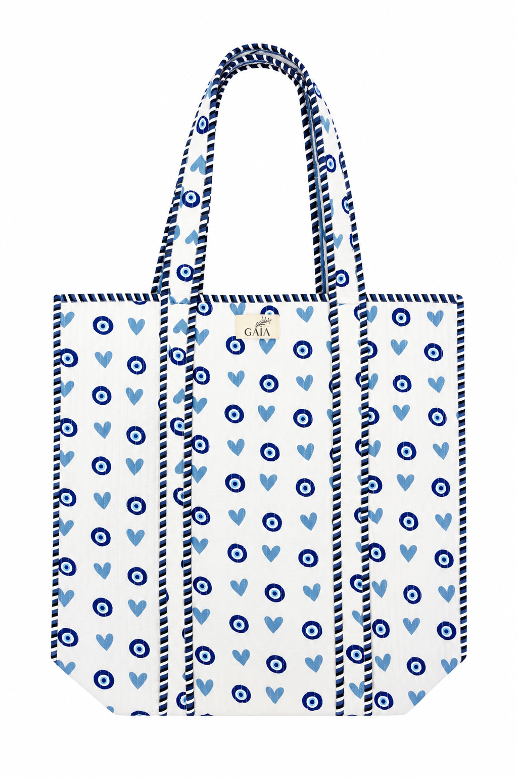 Blue & White Heart & Evil Eye Print Tote Bag with Spacious Open-Top Design | Aseel