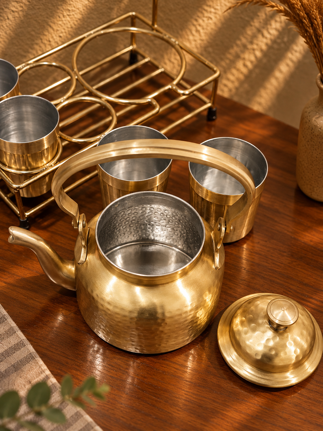 Brass Tea Set with Teapot, 4 Cups and Serving Stand | Sheerak