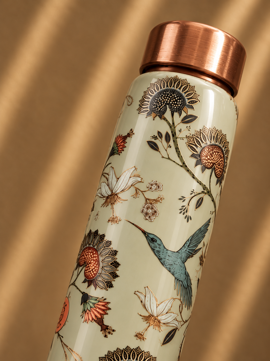 Copper Water Bottle with Floral and Bird Design – Decorative Copper Drinking Bottle