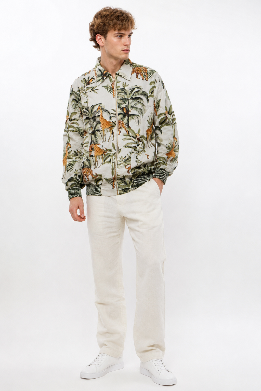 White Cotton Safari Print Bomber Jacket with Giraffe & Leopard Motifs | Protea