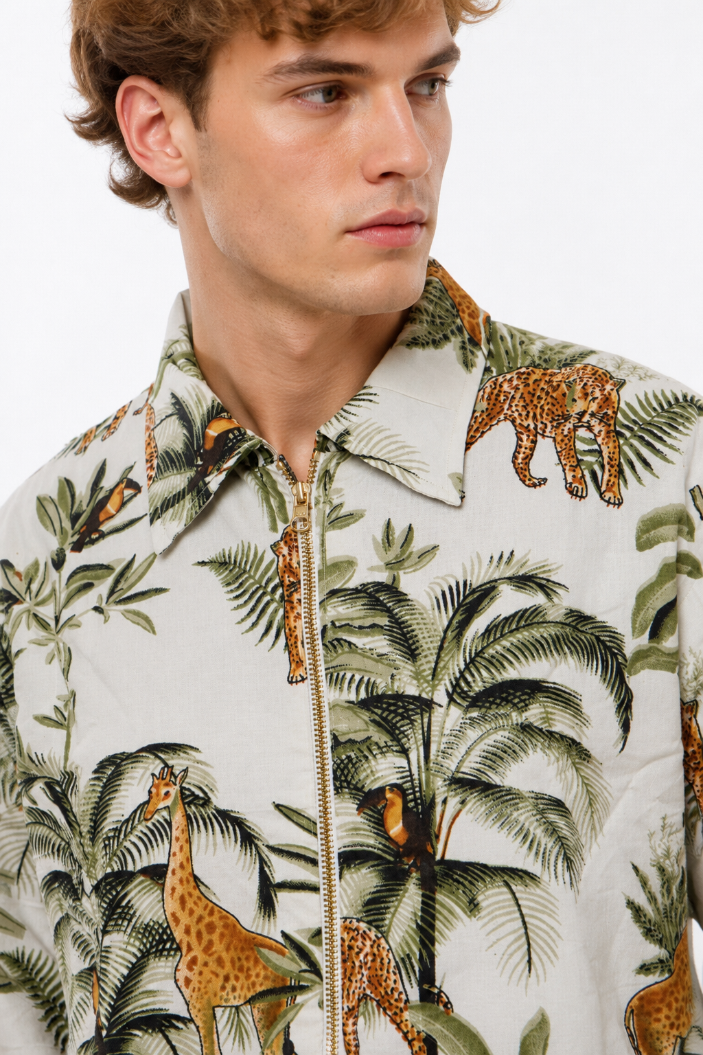 White Cotton Safari Print Bomber Jacket with Giraffe & Leopard Motifs | Protea