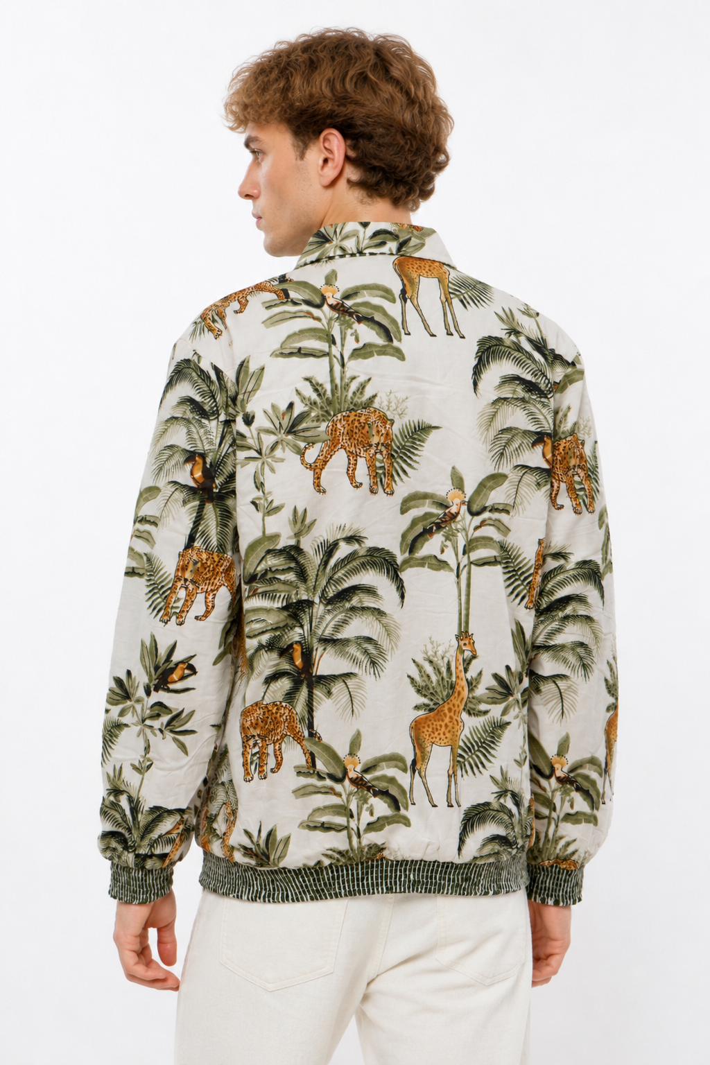 White Cotton Safari Print Bomber Jacket with Giraffe & Leopard Motifs | Protea