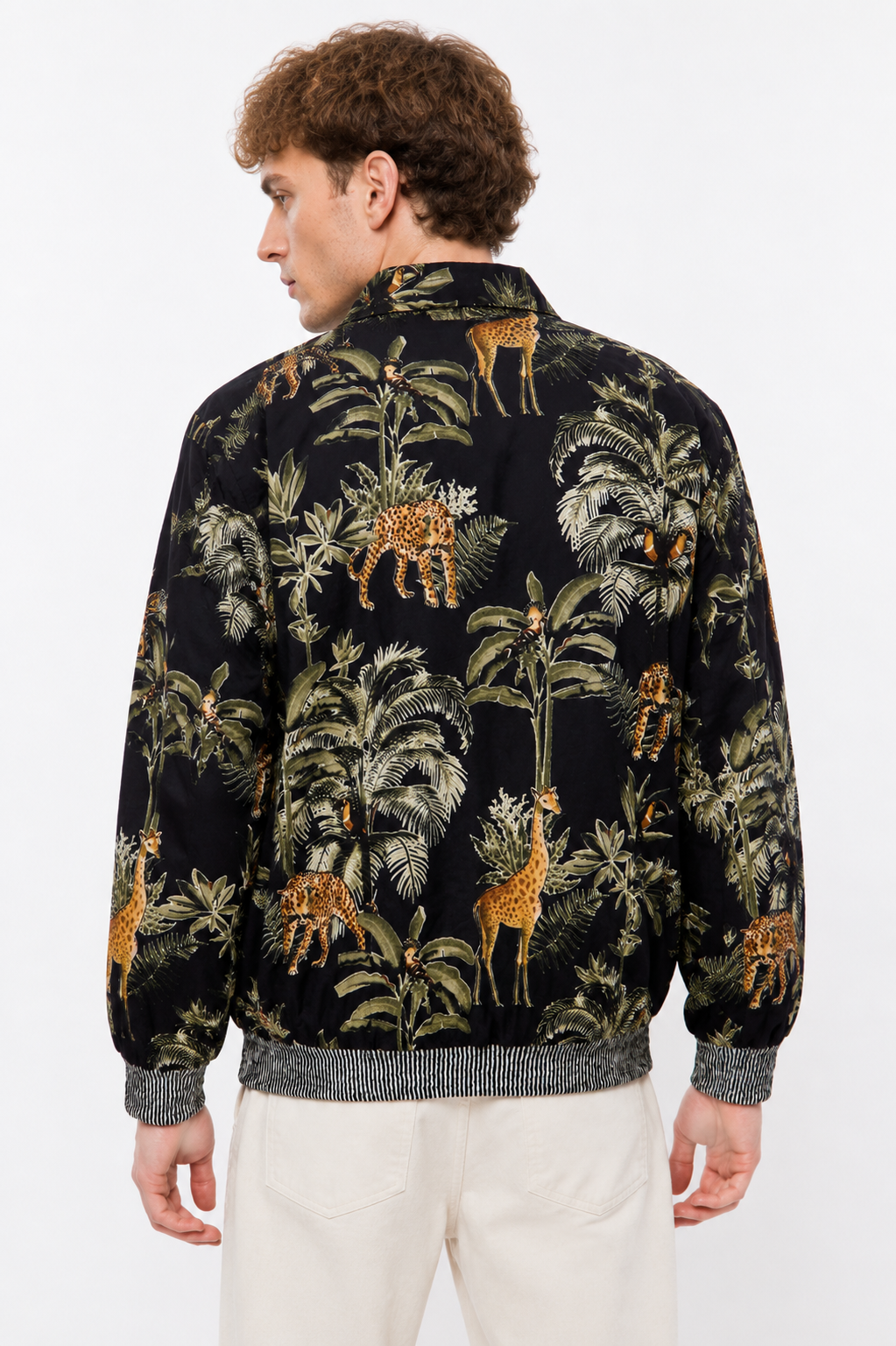 Black Cotton Safari Bomber Jacket with Giraffe & Leopard Print | Kallisto