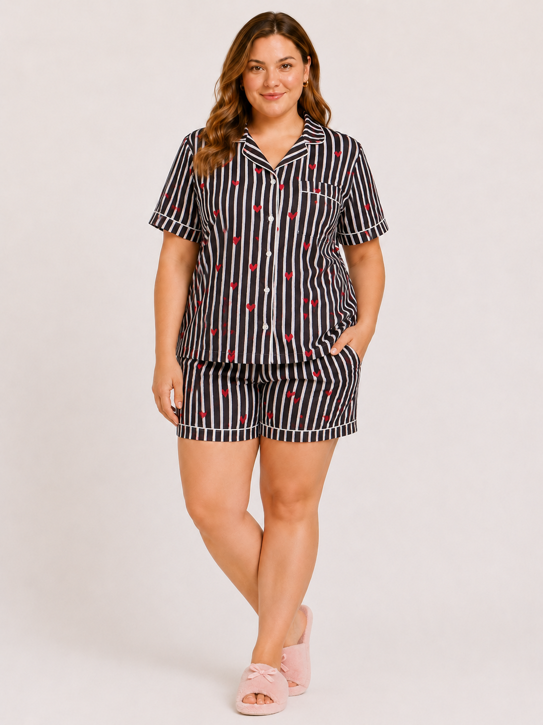 Black Cotton Night Suit Set with Heart Print, Striped Shirt & Shorts | Liyana