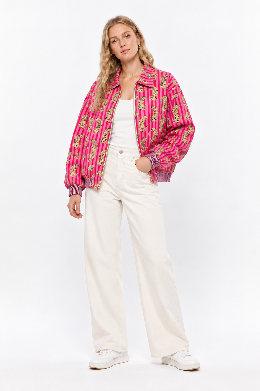 Pink Cotton Bomber Jacket with Leopard Print & Striped Pattern | Thalia