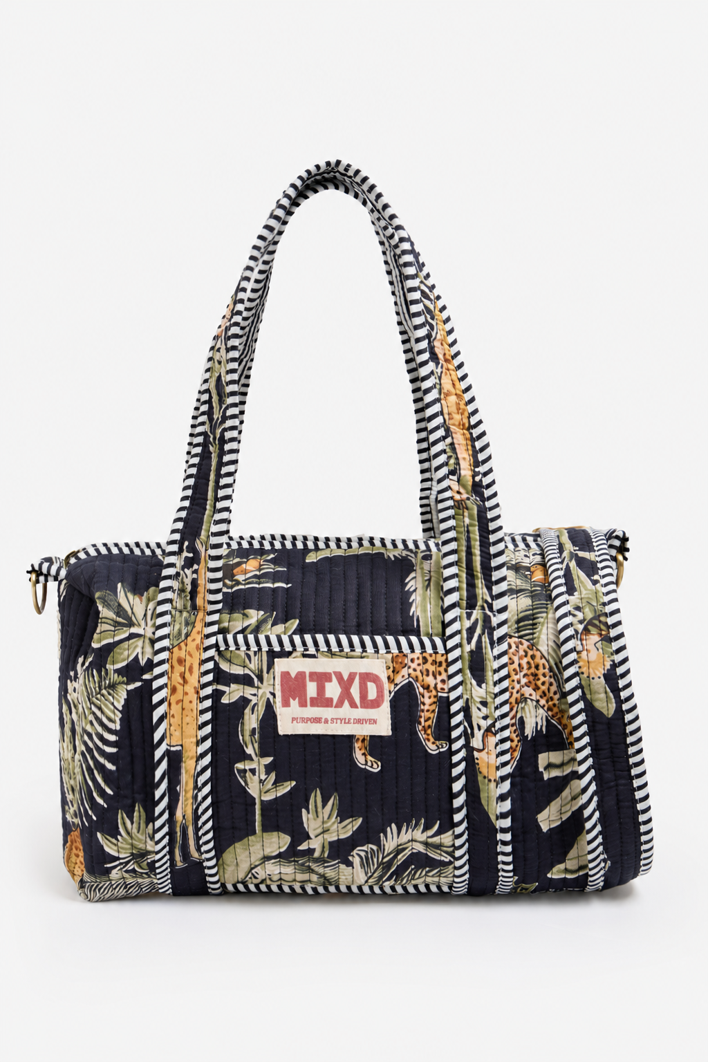 Navy Quilted Cotton Mini Duffle Bag with Safari Print & Striped Handles | Ariadne