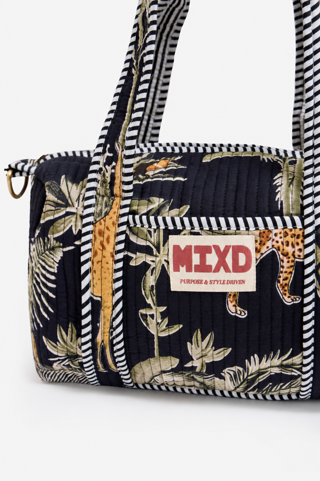 Navy Quilted Cotton Mini Duffle Bag with Safari Print & Striped Handles | Ariadne