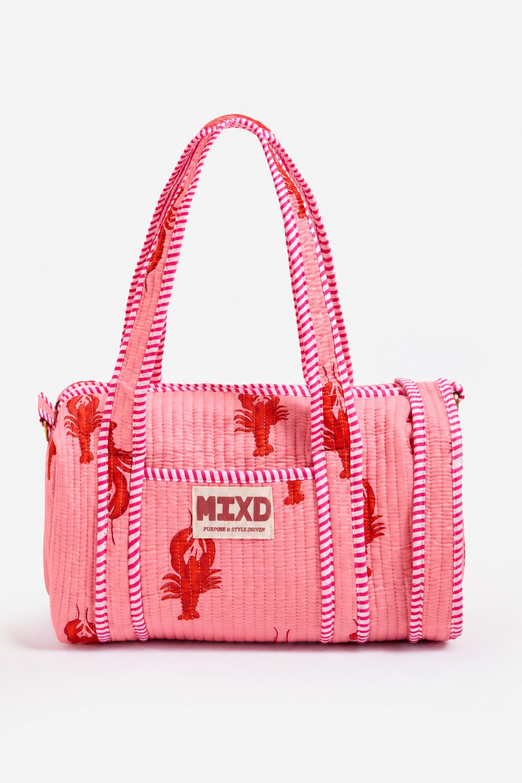 Pink Quilted Cotton Mini Duffle Bag with Lobster Print & Striped Handles | Aglaia