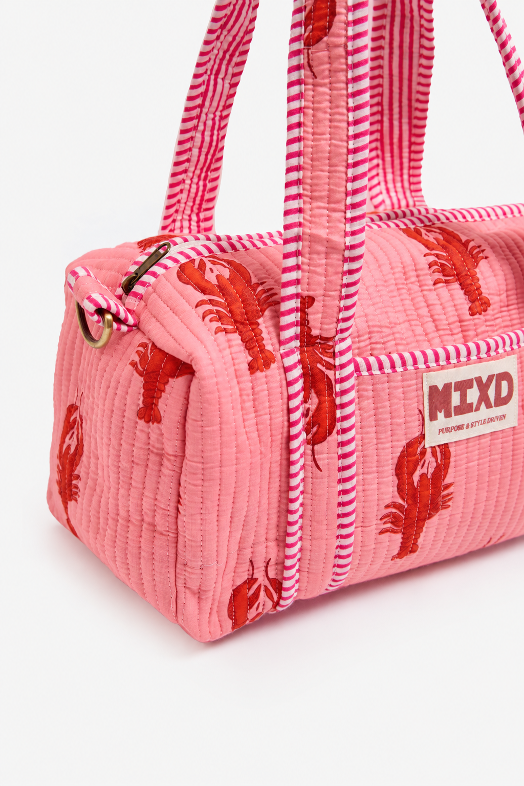 Pink Quilted Cotton Mini Duffle Bag with Lobster Print & Striped Handles | Aglaia
