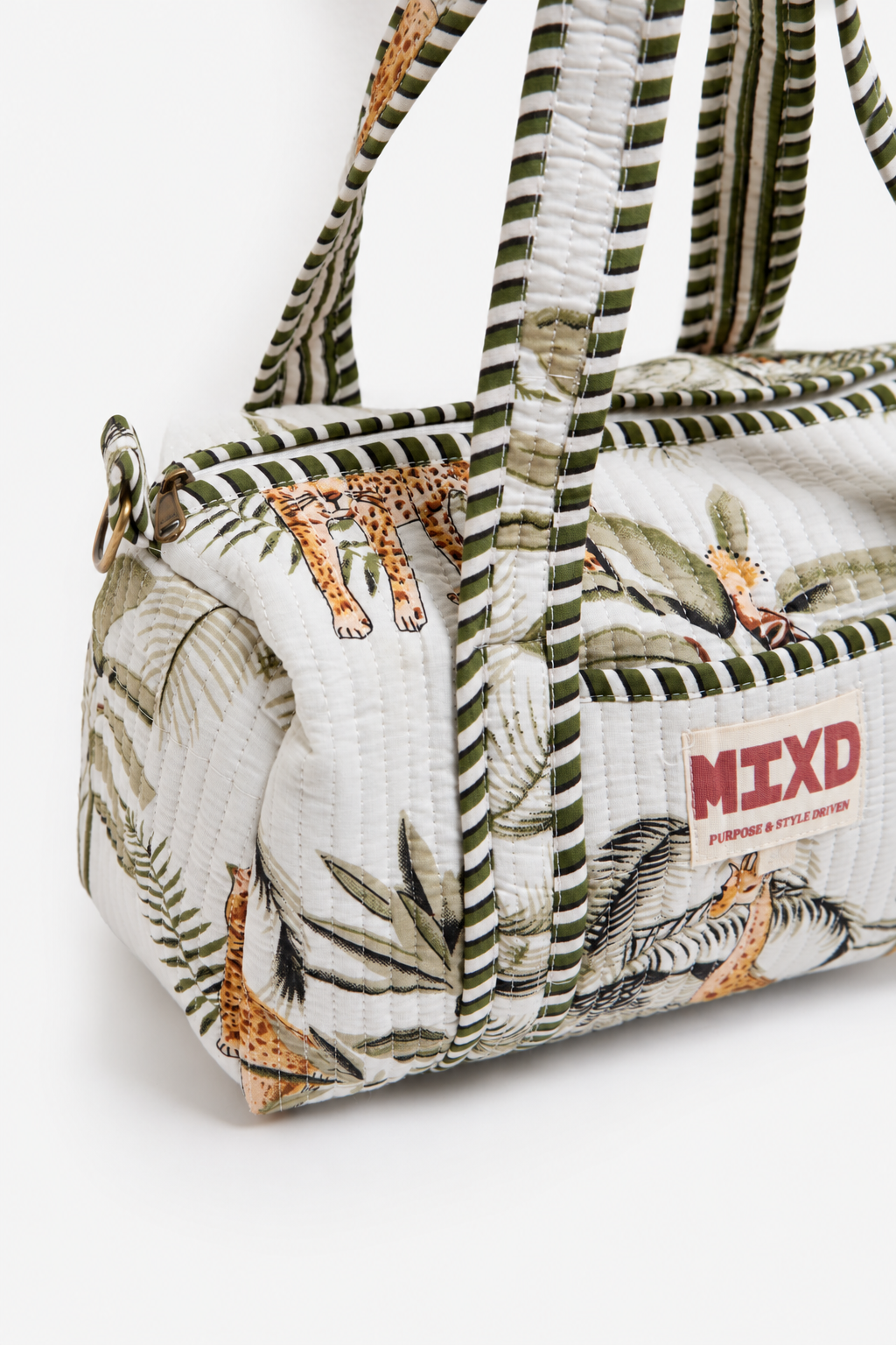 White Quilted Cotton Mini Duffle Bag with Safari Print & Striped Handles | Nausicaa
