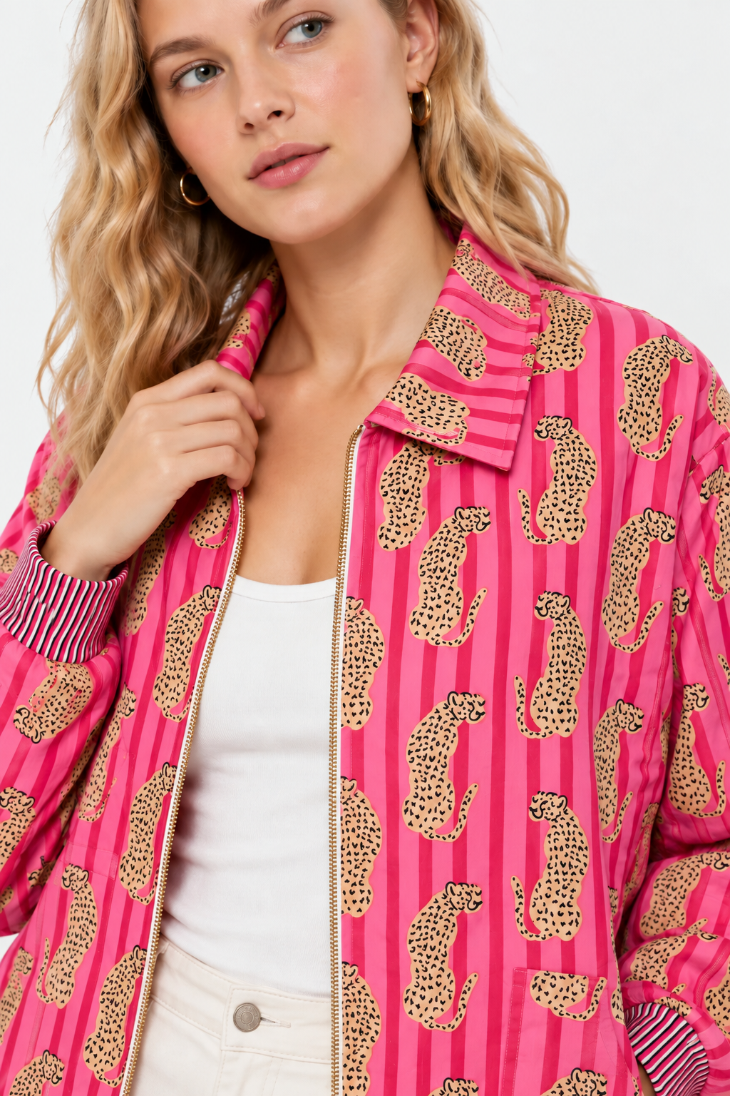 Pink Cotton Bomber Jacket with Leopard Print & Striped Pattern | Thalia